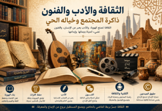 إنفوجرافيك يوضح دور الثقافة والأدب والفنون في حفظ الهوية والتراث، ودعم الإبداع والصناعات الثقافية.