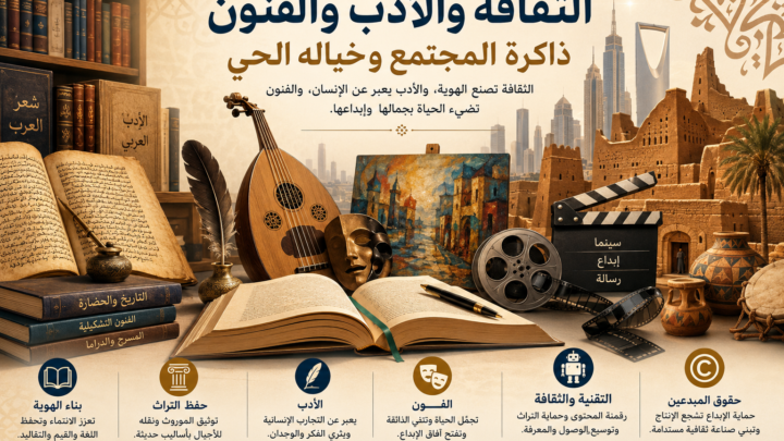 إنفوجرافيك يوضح دور الثقافة والأدب والفنون في حفظ الهوية والتراث، ودعم الإبداع والصناعات الثقافية.