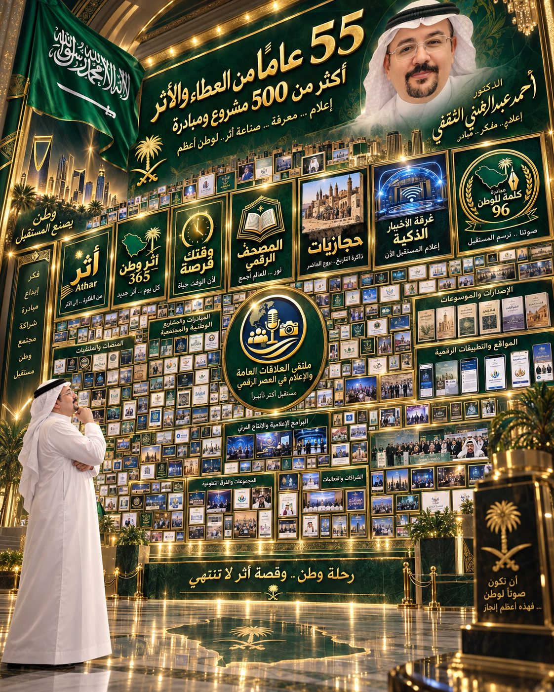 «مسيرة 55 عاماً من العطاء والإنجاز».. أحمد الثقفي يوثّق أكثر من 500 مشروع ومبادرة في لوحة رقمية عملاقة